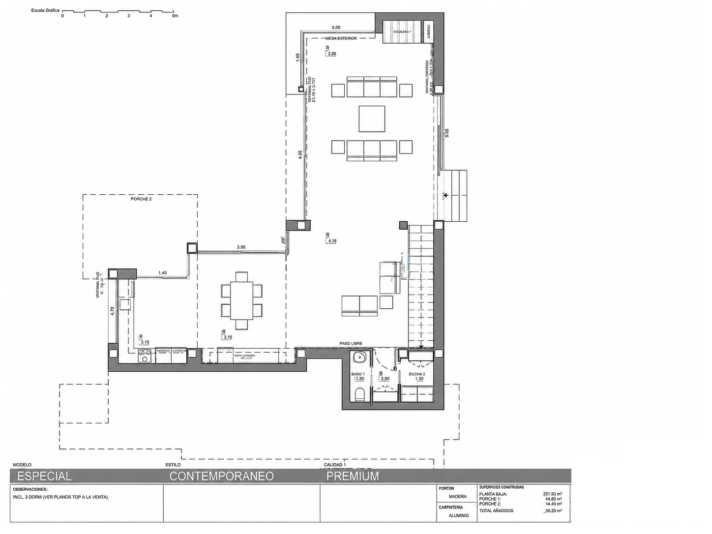 Construction drawing of the entry level: open living, dining and kitchen behind the glass line, guest WC and terraces