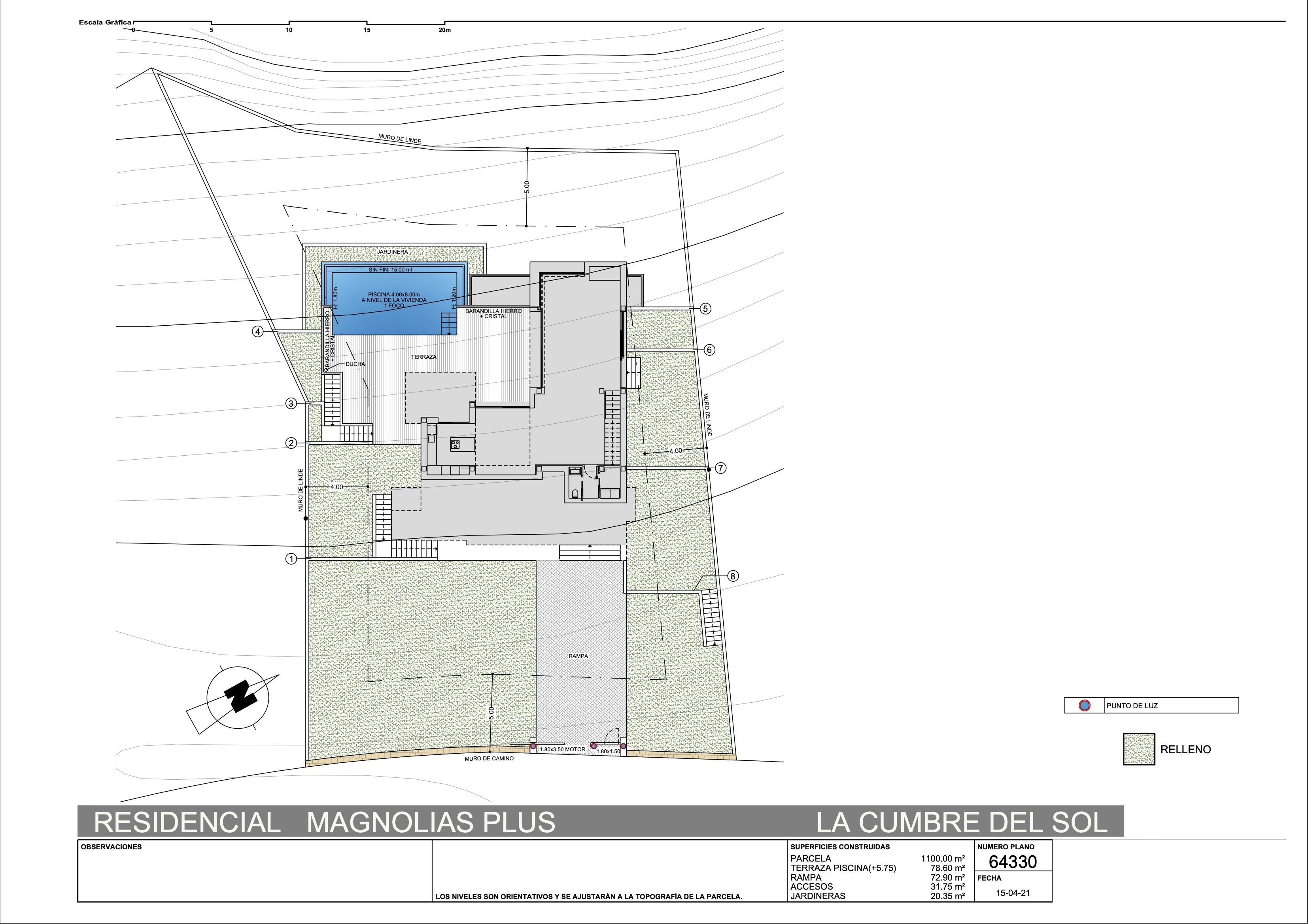 Site plan of the 1,100 square metre plot with the villa footprint, pool terrace and parking