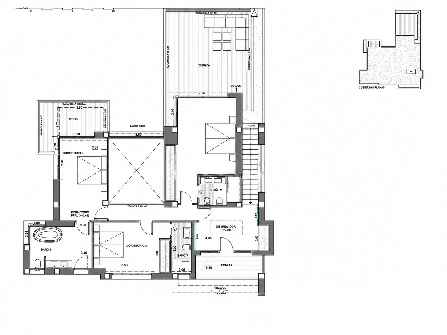 Construction drawing of the upper floor: three suites, each with its own bathroom, and terraces off the bedrooms